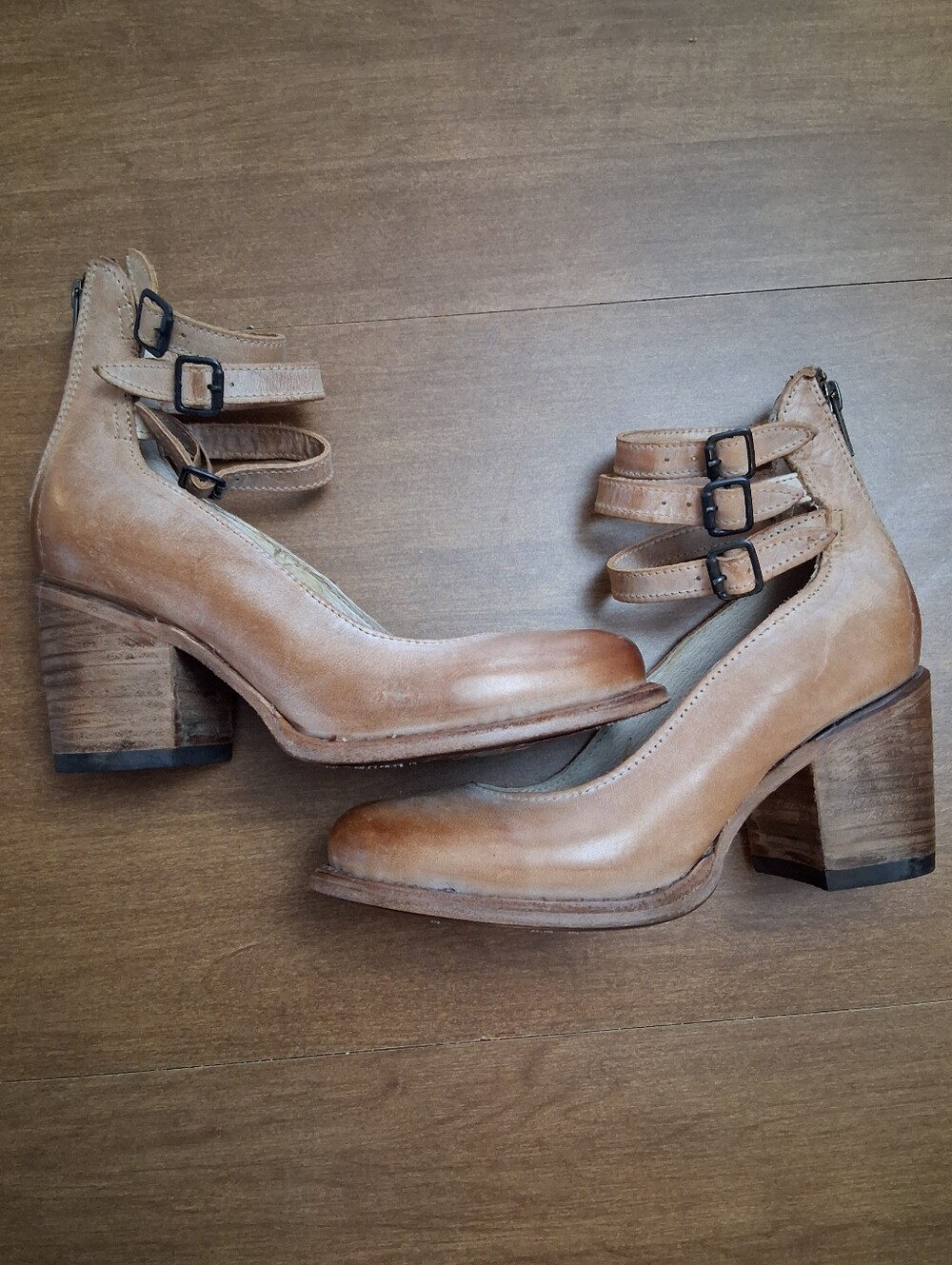 Women's Freebird Tan Randi Heeled Leather Pumps with Triple Ankle Straps